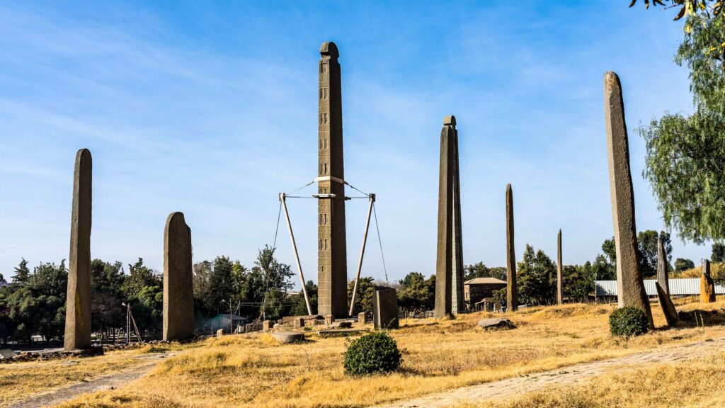 Ancient obelisk in Axum during historical tour in northern Ethiopia